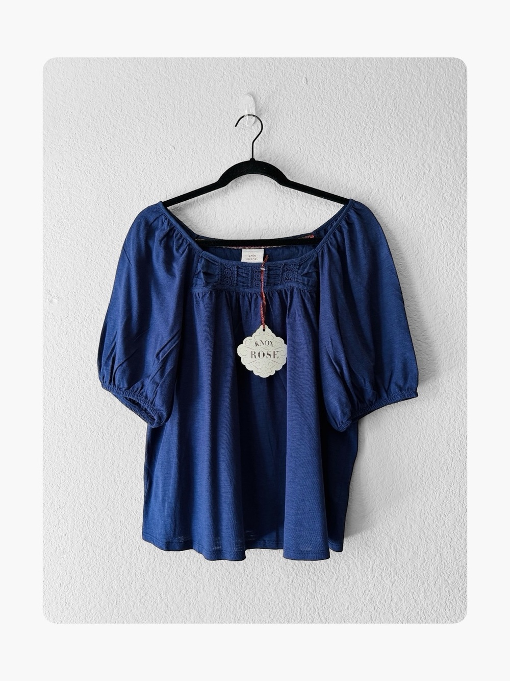 ★ Knox Rose NWT Peasant Crochet Detail Puff Sleeve Boho Top - Blue ★